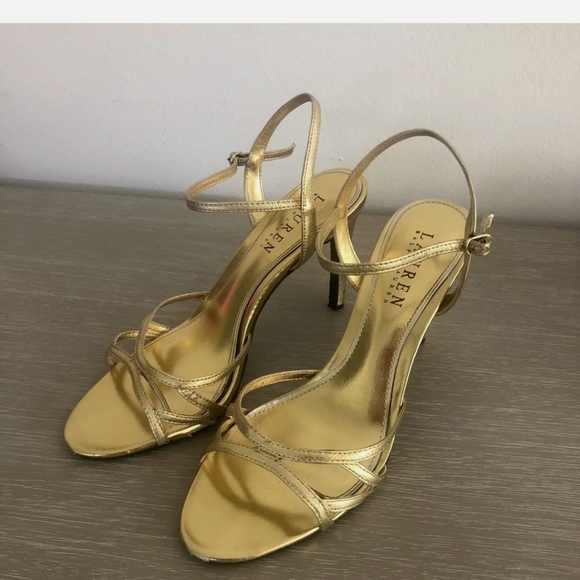 Ralph Lauren Gold Sammy Leather Strappy High Heel Sandals - Picture 4 of 8